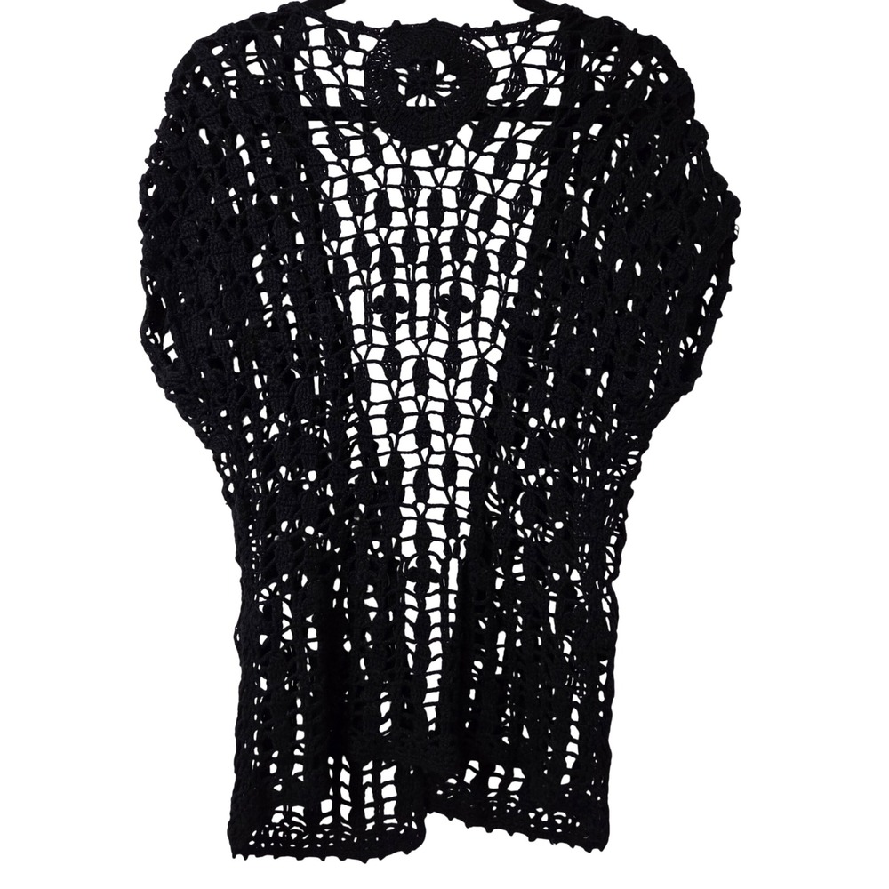 Y2k Say What? Open Knit crochet style black short sleeve cardigan size Medium